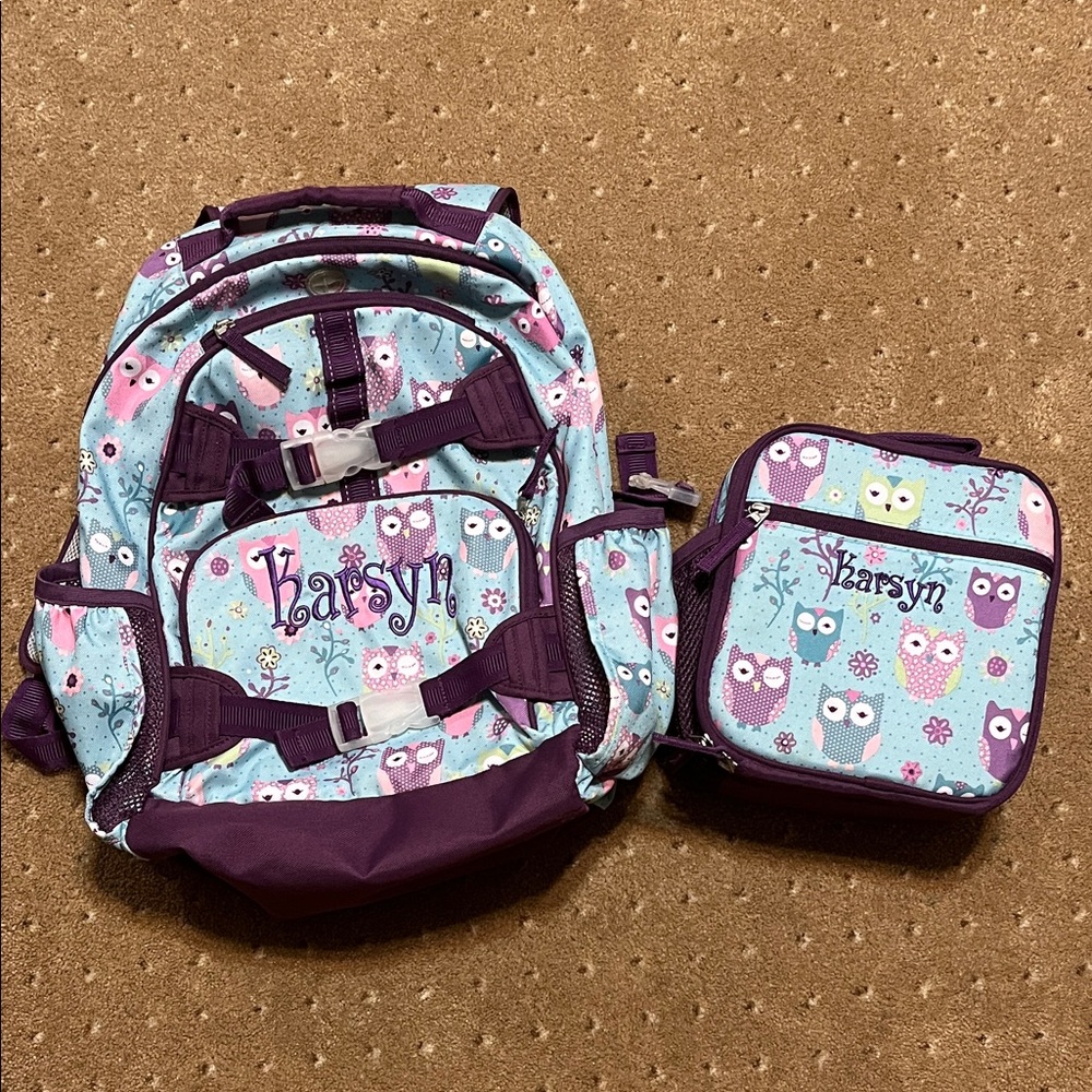 Pottery Barn Kids Owl Backpack Set monogrammed “Karsyn”